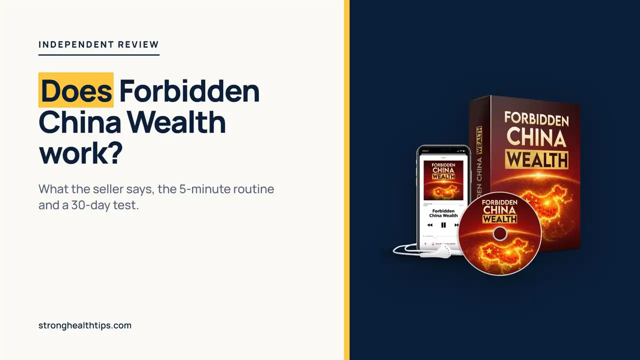 Does Forbidden China Wealth work: the question as a headline beside the seller's mockup of the digital audio on a navy panel