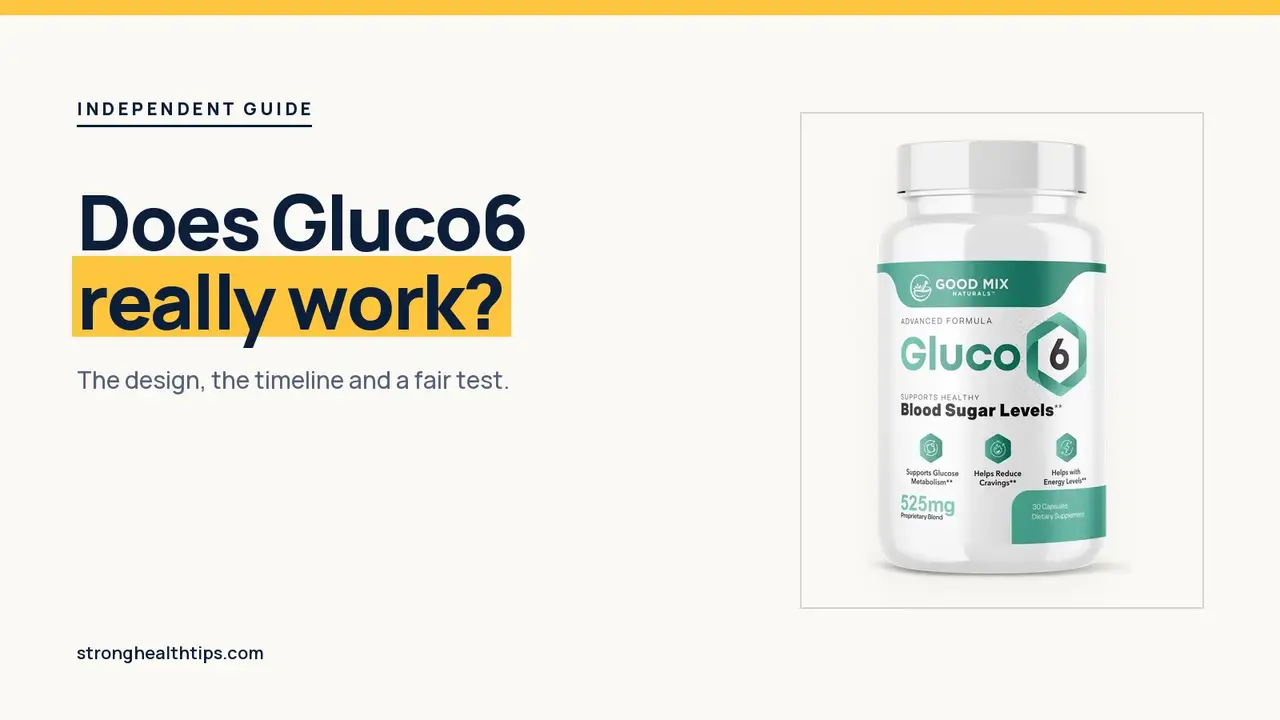 Does Gluco6 really work: headline beside the Gluco6 bottle on warm white with a hairline frame