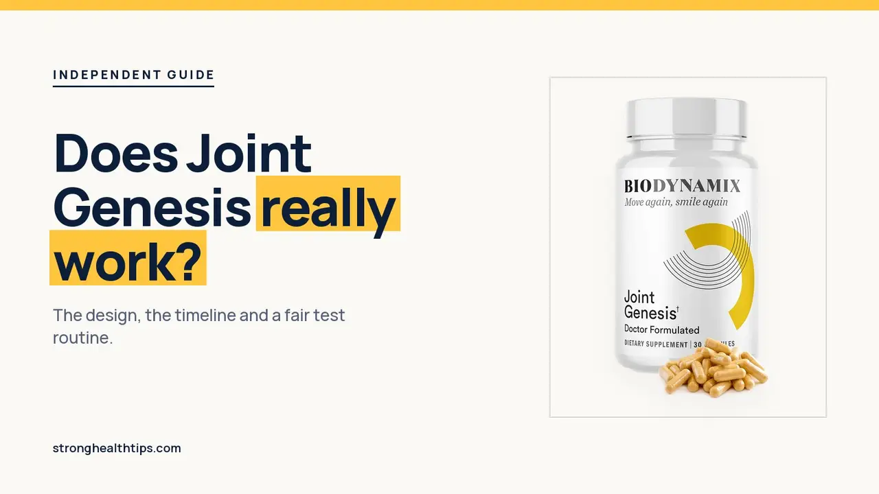 Does Joint Genesis really work: headline beside the Joint Genesis bottle on a navy panel with a yellow edge