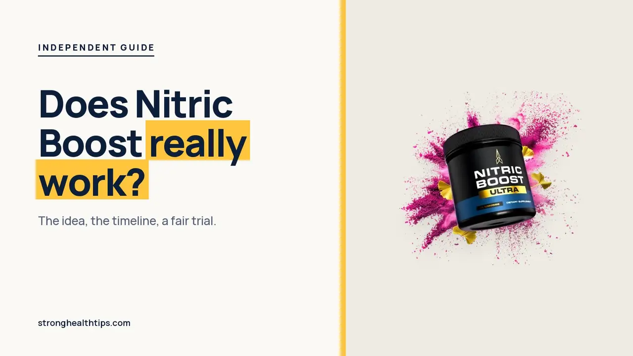 Does Nitric Boost really work: a Nitric Boost Ultra jar beside a headline about the idea, the timeline and a fair trial