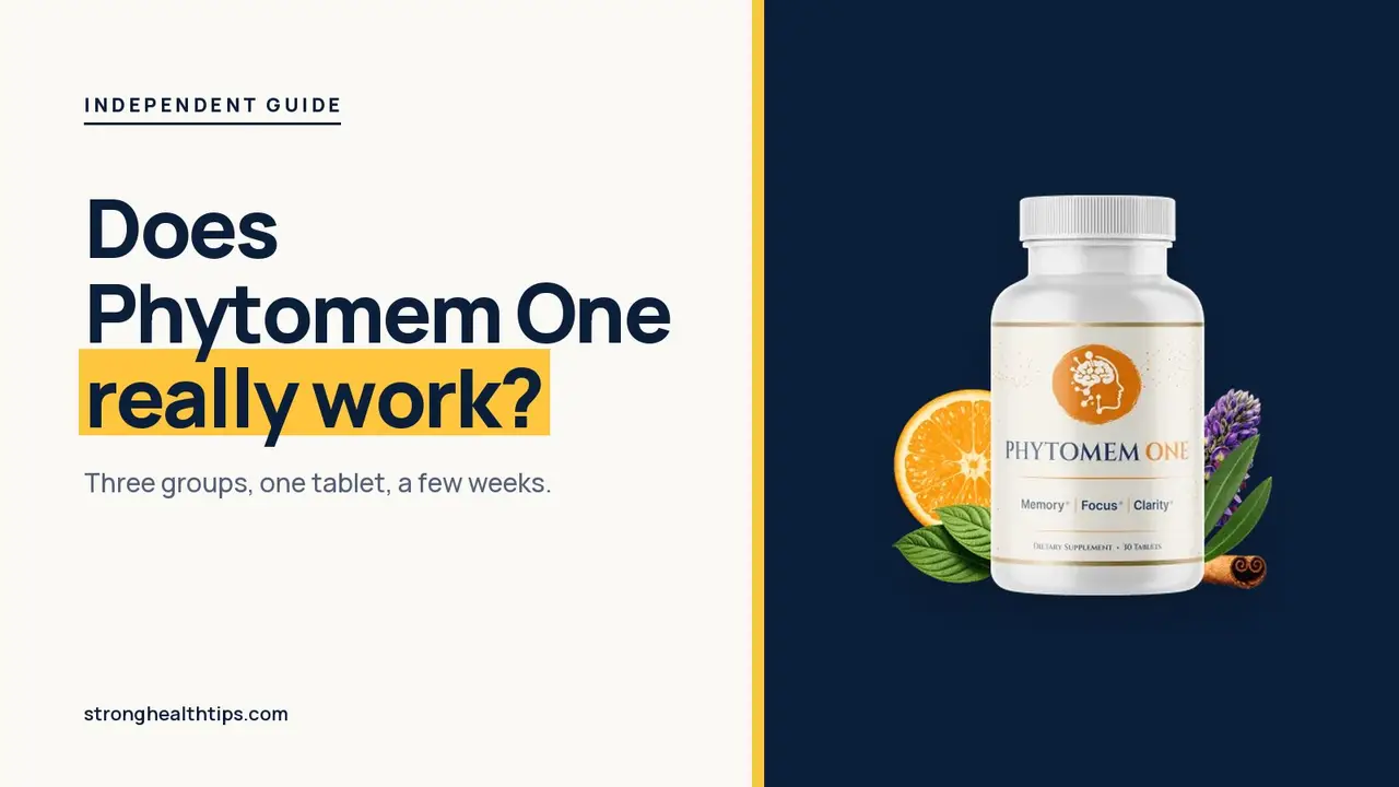 Does Phytomem One really work: headline beside the Phytomem One bottle on a navy panel with a yellow edge