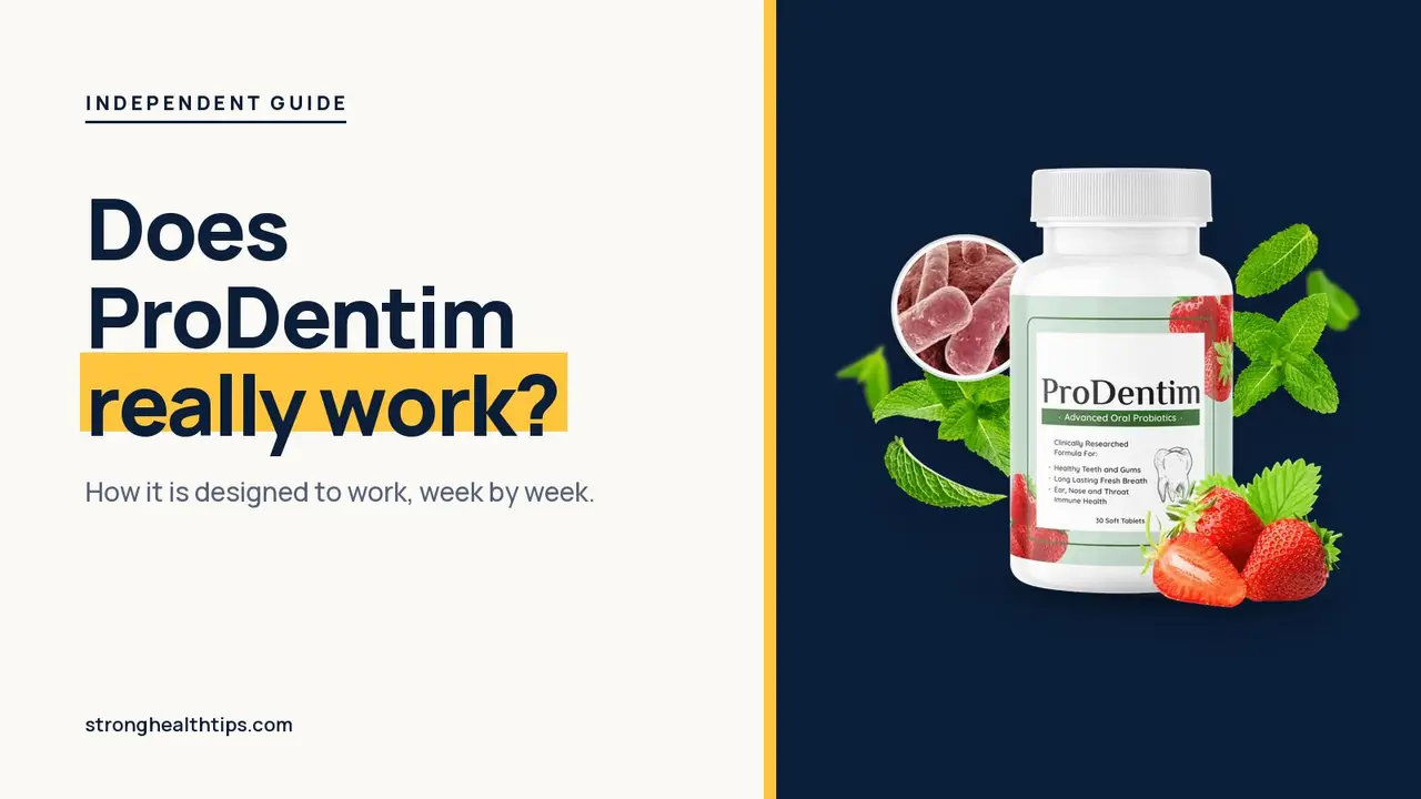 Does ProDentim really work: headline beside a ProDentim bottle with strawberries and mint on a navy panel
