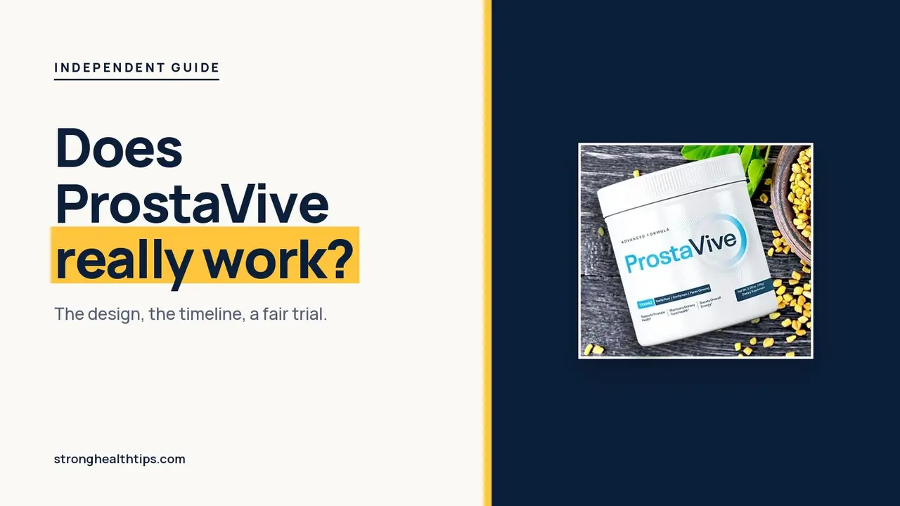 Does ProstaVive really work: headline beside a ProstaVive tub on a navy panel with a yellow edge
