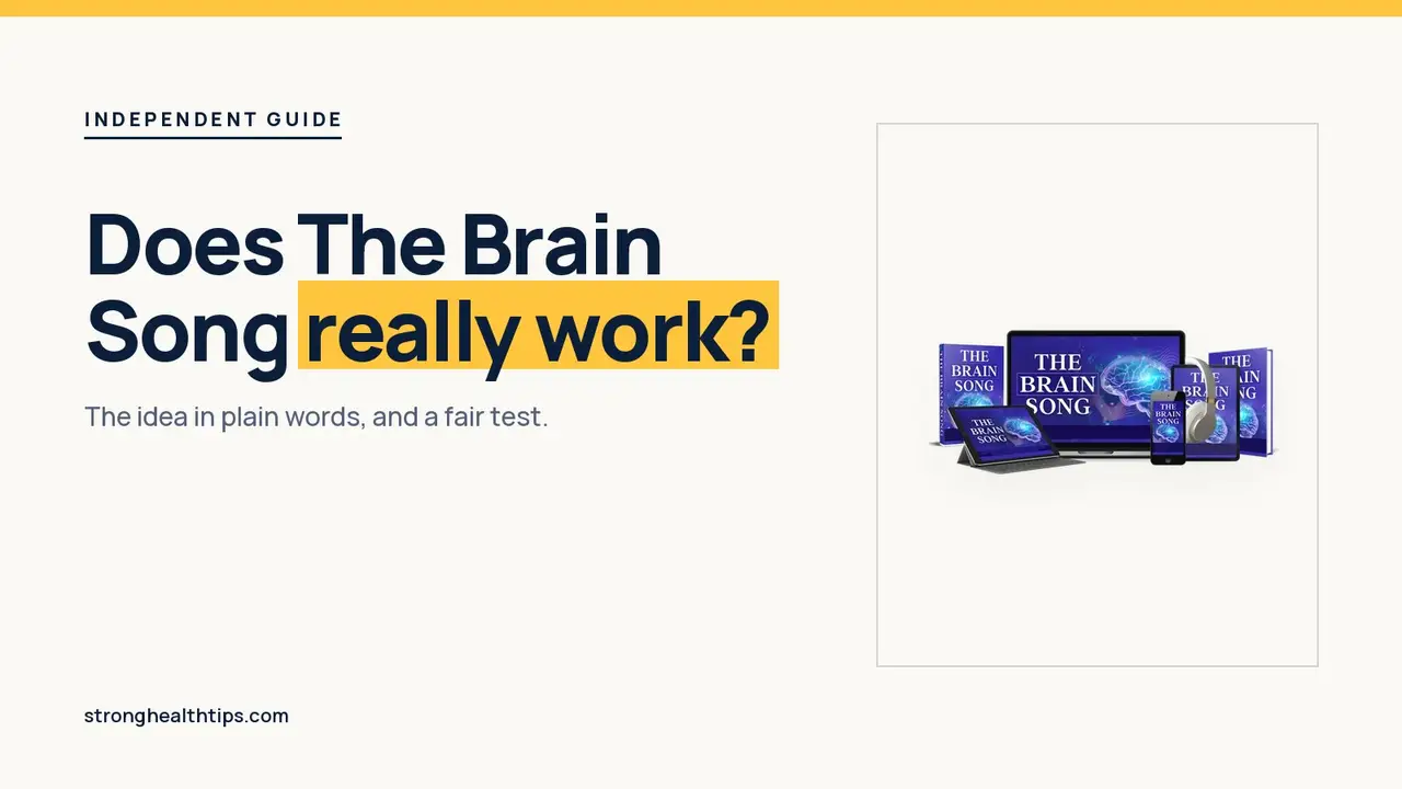 Does The Brain Song really work: plain-words explainer headline beside a phone showing The Brain Song audio on navy