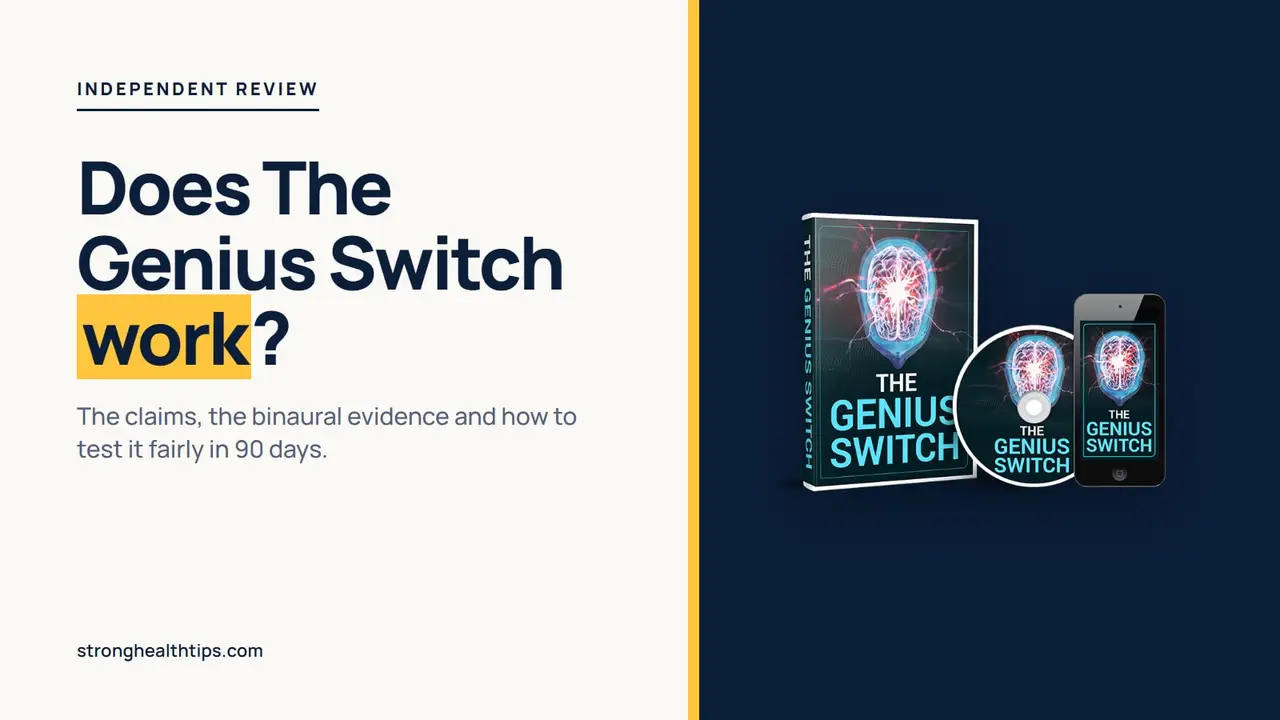 Does The Genius Switch work: headline beside a product mockup of The Genius Switch audio track on a navy panel