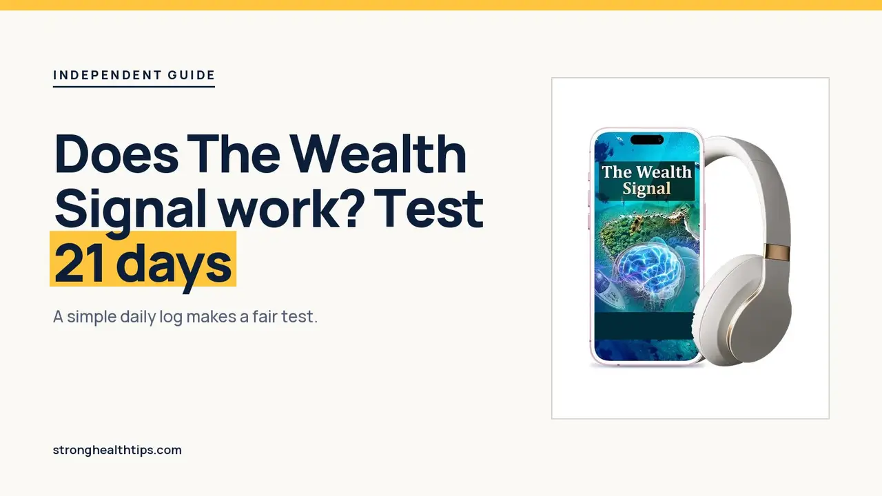 Does The Wealth Signal work: 21-day test headline beside the phone and headphones mockup on a cream layout