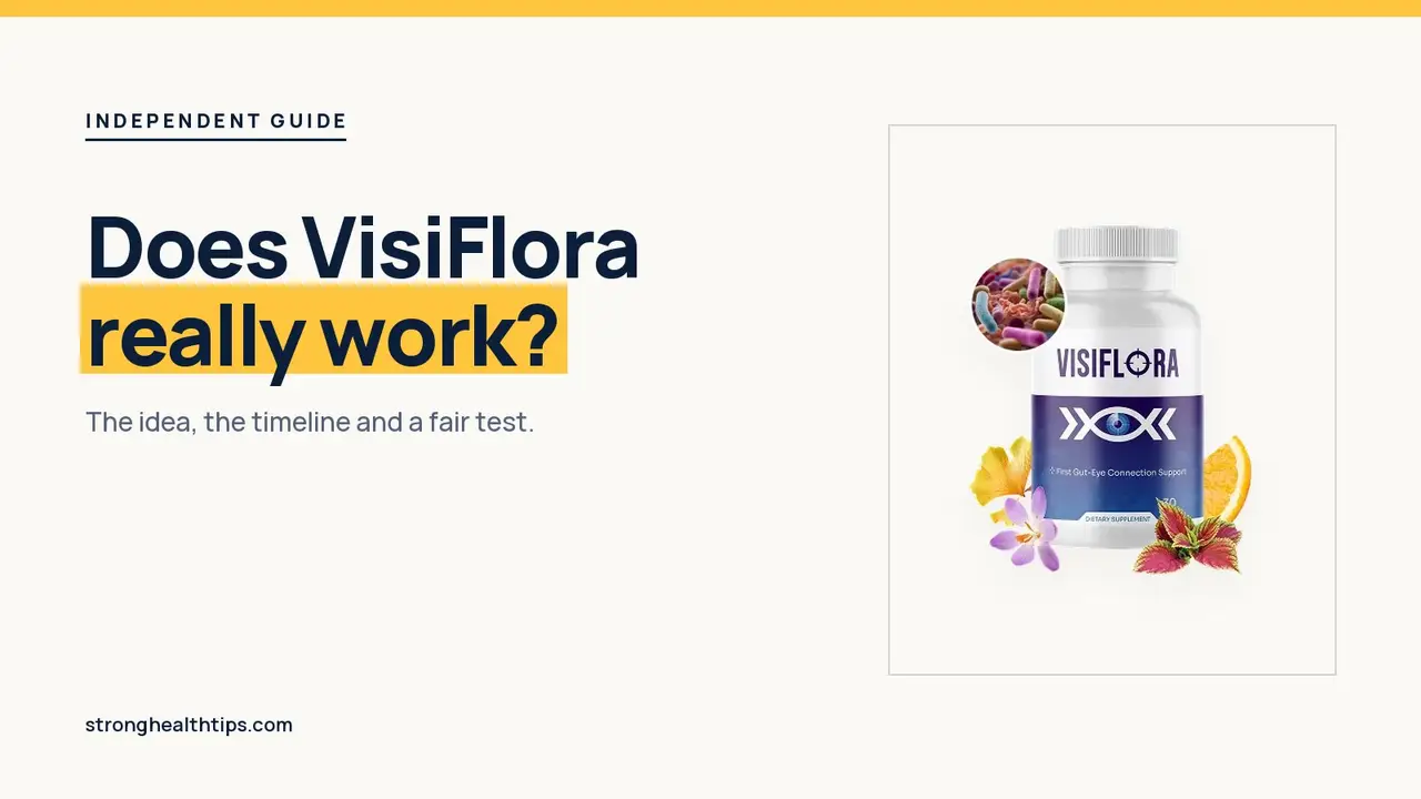 Does VisiFlora really work: headline beside a VisiFlora bottle surrounded by flowers on a navy panel with a yellow edge
