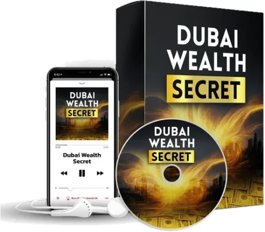 Mockup of the Dubai Wealth Secret digital audio: a black box, a disc and a phone player with earbuds