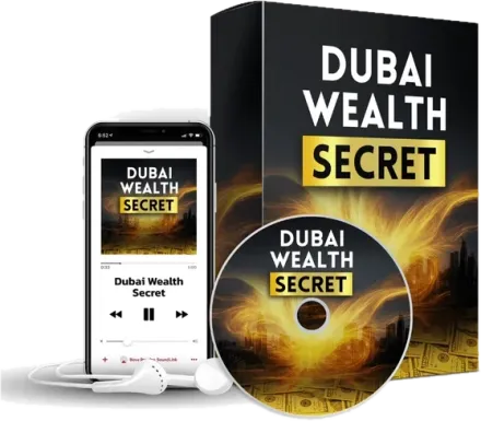 Mockup of the Dubai Wealth Secret digital audio: a black box, a disc and a phone player with earbuds