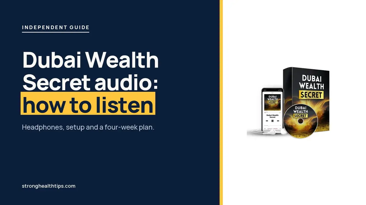 Dubai Wealth Secret audio headline about the 5-minute headphone routine beside the box, disc and phone mockup