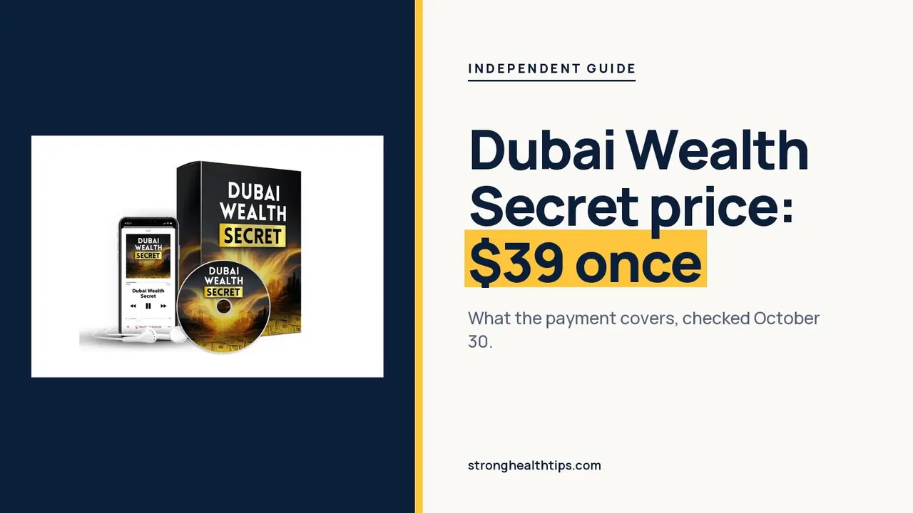 Dubai Wealth Secret price headline showing one payment of $39 beside the audio box, disc and phone on a navy and cream layout