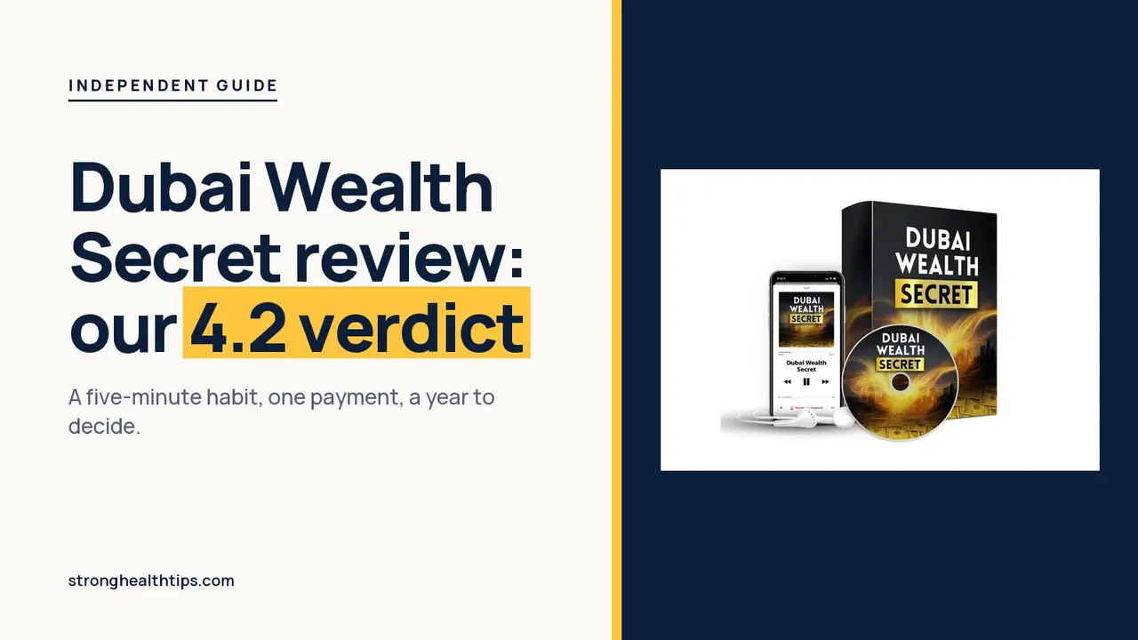 Dubai Wealth Secret review: headline with our 4.2 verdict beside the audio box, disc and phone on a cream and navy layout
