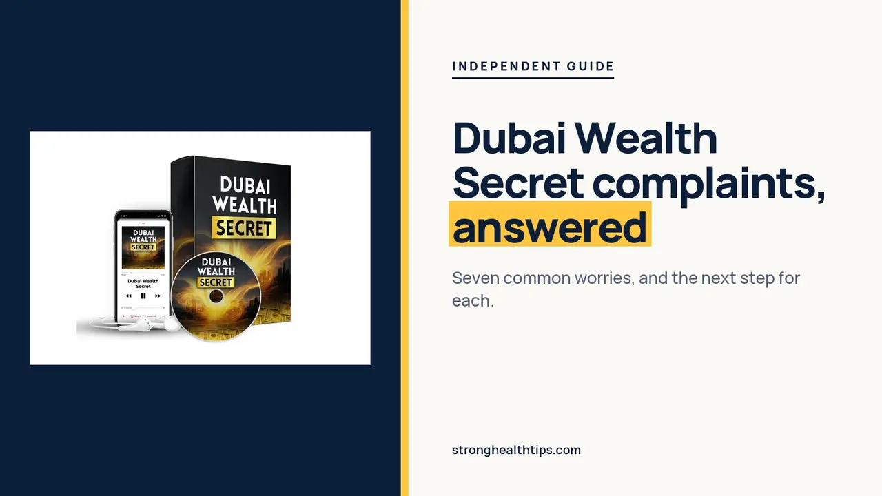Dubai Wealth Secret reviews and complaints answered: headline on navy beside the audio box, disc and phone