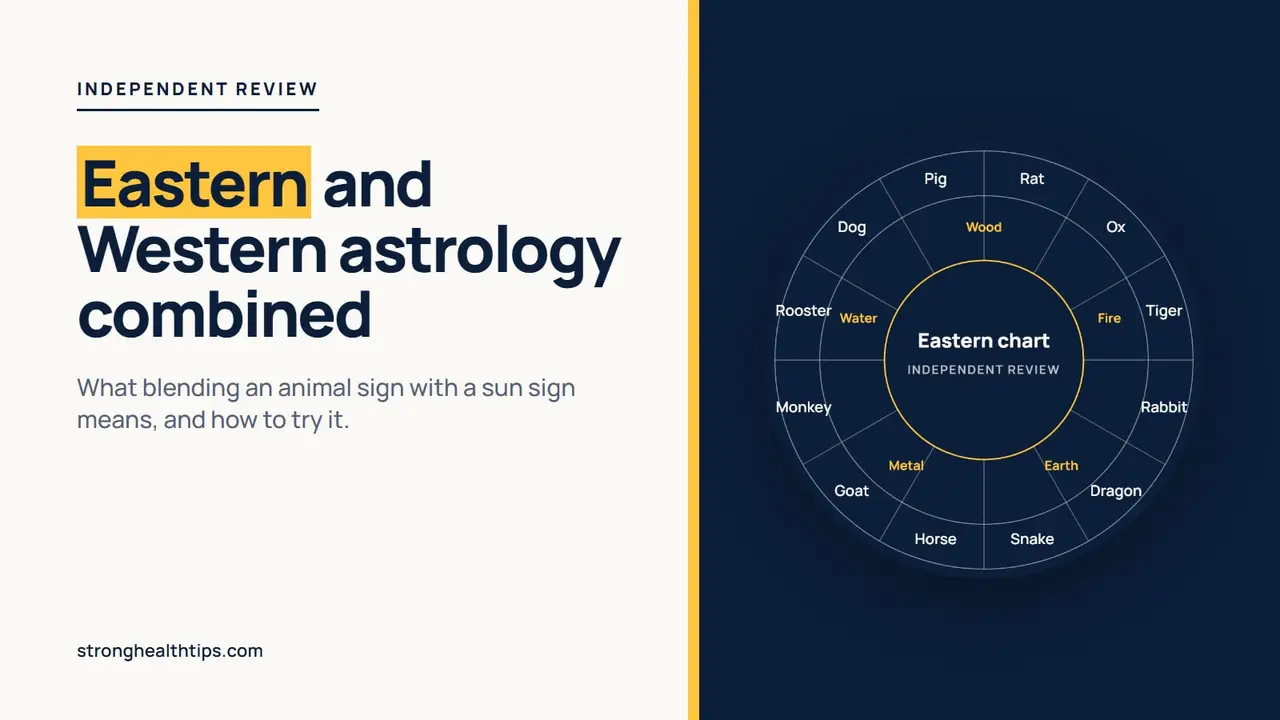 Eastern and western astrology combined: zodiac wheel on a navy panel