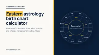 Eastern astrology birth chart calculator: a headline beside our own stylised zodiac wheel on a navy panel