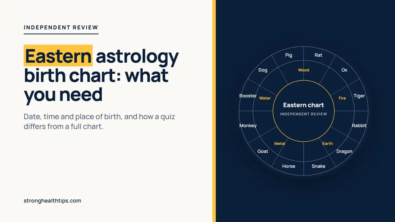 Eastern astrology birth chart: zodiac wheel illustration on a navy panel