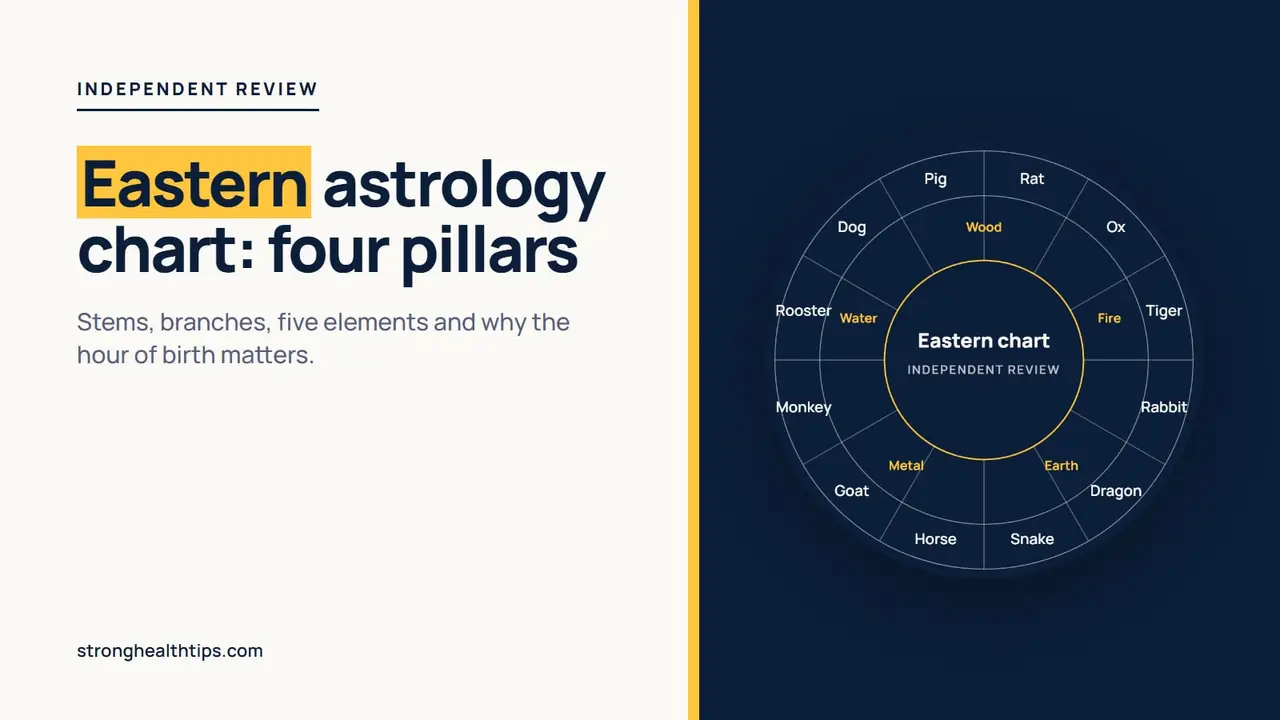 Eastern astrology chart: zodiac wheel illustration on a navy panel