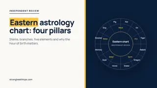 Eastern astrology chart: zodiac wheel illustration on a navy panel