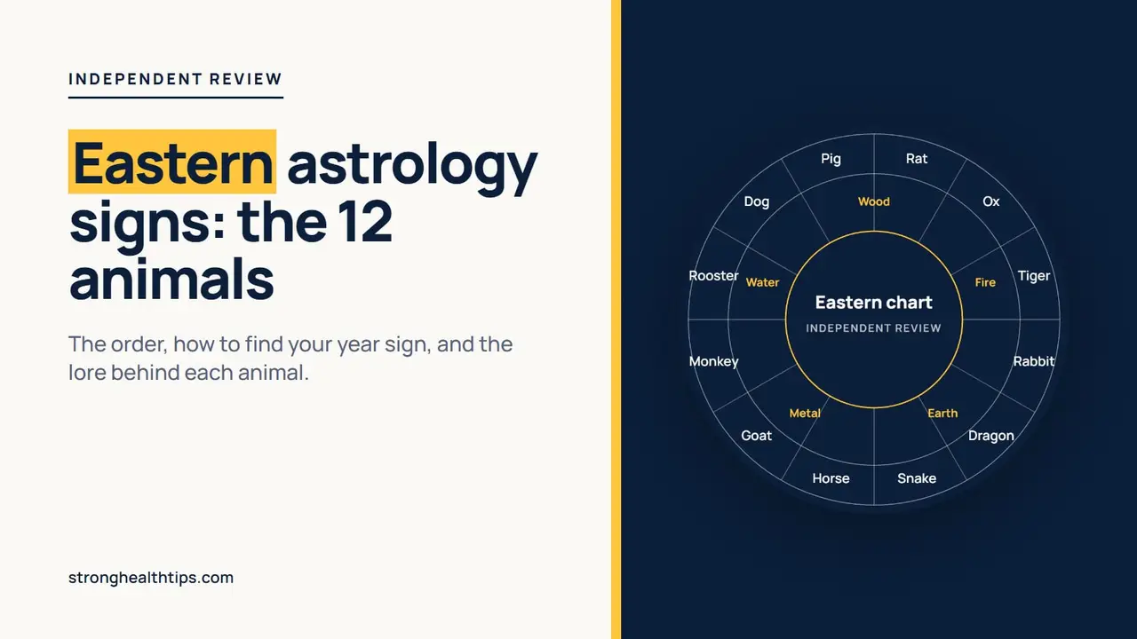 Eastern astrology signs: zodiac wheel illustration on a navy panel