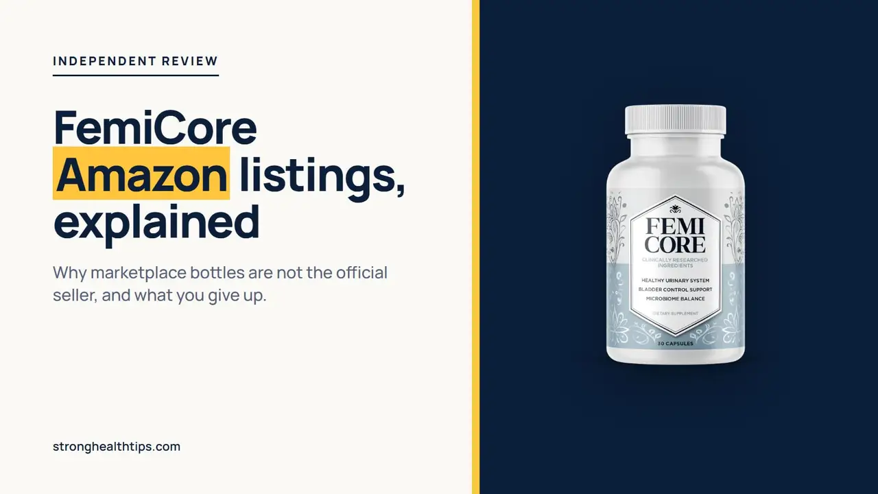 FemiCore Amazon: the official bladder control capsule bottle on a navy panel