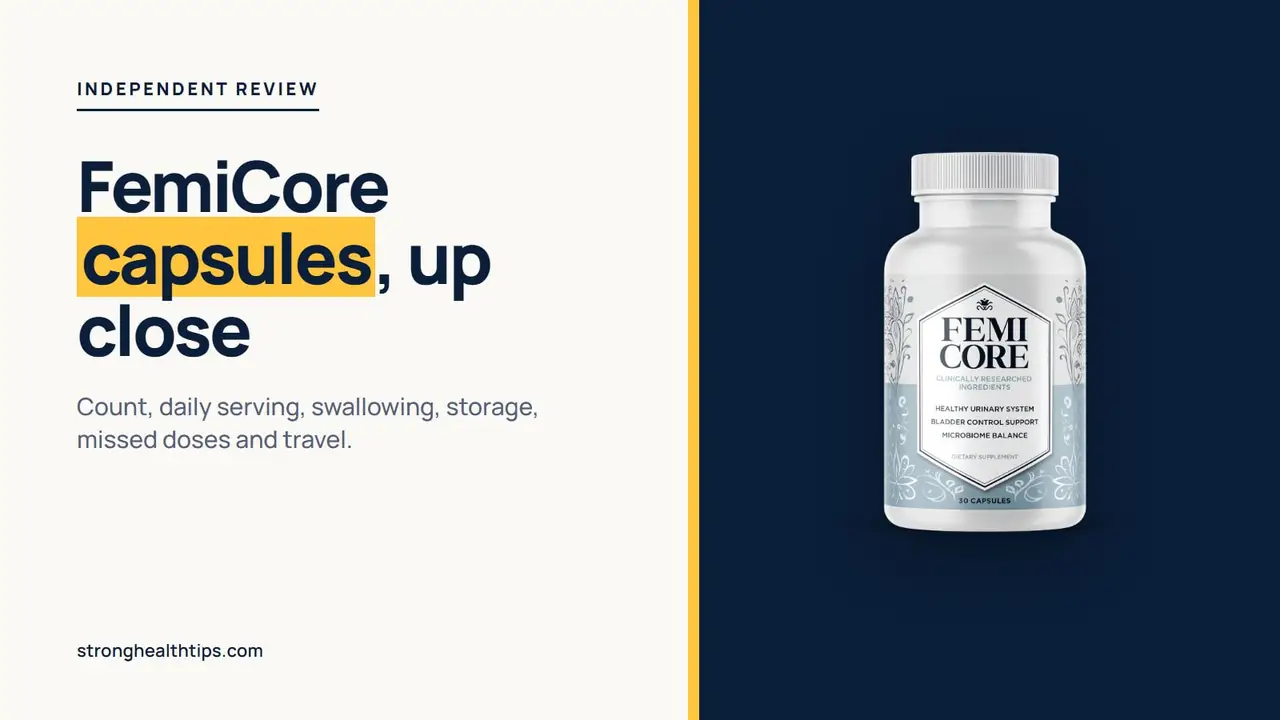 FemiCore capsules: editorial cover with the headline about the capsule on cream and the FemiCore bottle on a navy panel