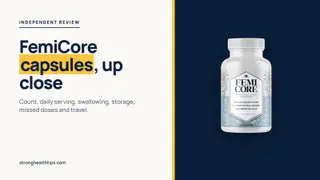 FemiCore capsules: editorial cover with the headline about the capsule on cream and the FemiCore bottle on a navy panel
