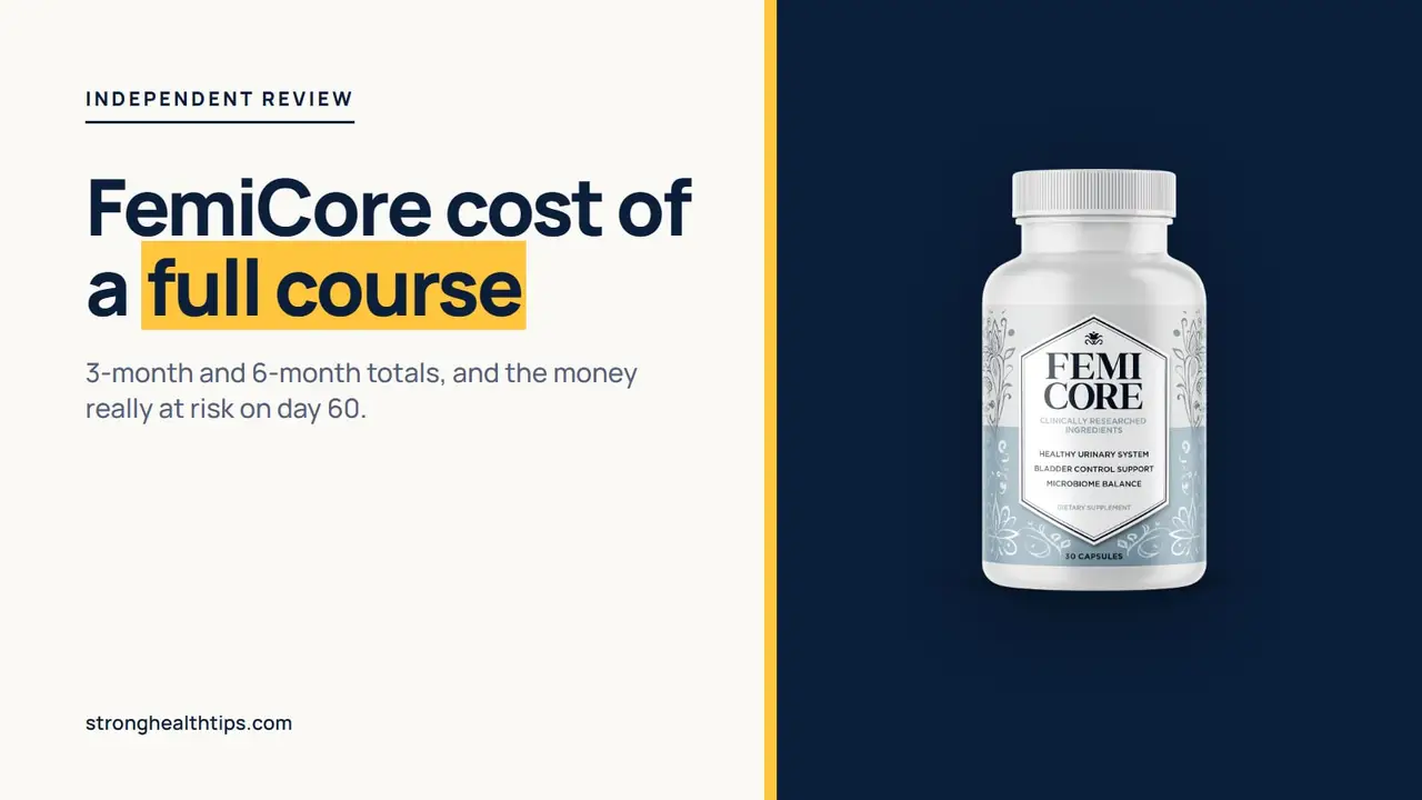 FemiCore cost of a full course: editorial cover with the headline on cream and the FemiCore bottle on a navy panel