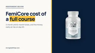 FemiCore cost of a full course: editorial cover with the headline on cream and the FemiCore bottle on a navy panel