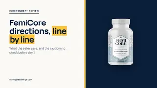 FemiCore directions read line by line: editorial cover with the headline on cream and the FemiCore bottle on a navy panel