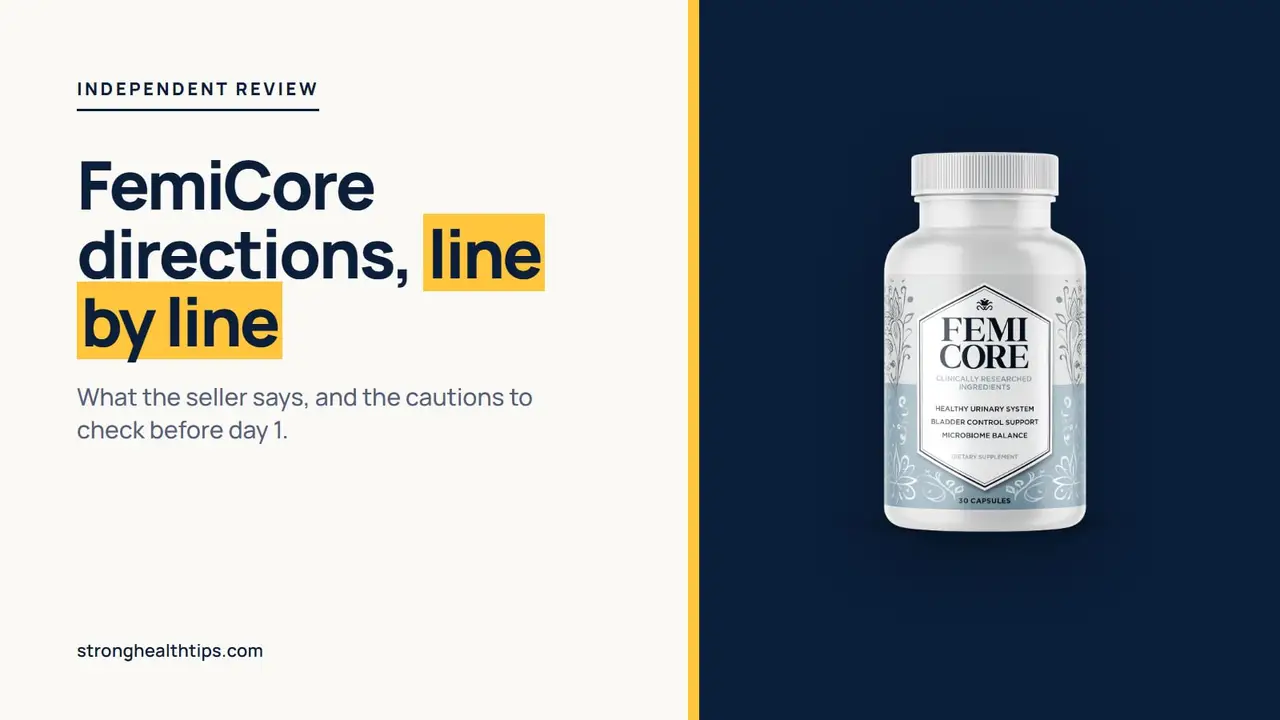 FemiCore directions read line by line: editorial cover with the headline on cream and the FemiCore bottle on a navy panel