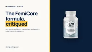 FemiCore formula critique: editorial cover with the headline on cream and the FemiCore bottle on a navy panel