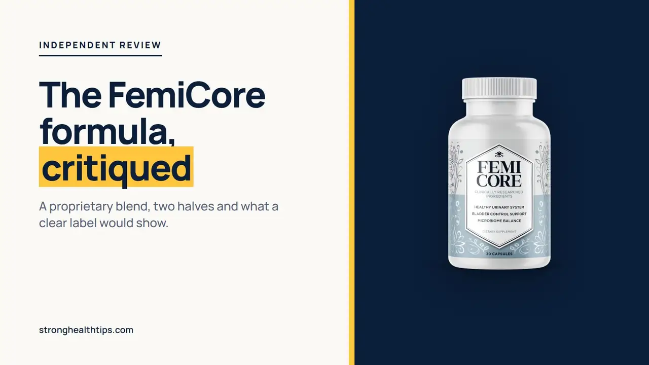 FemiCore formula critique: editorial cover with the headline on cream and the FemiCore bottle on a navy panel