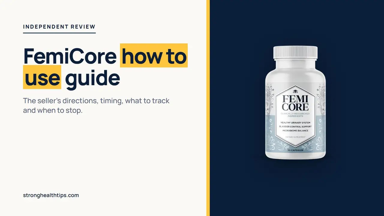 FemiCore how to use guide: editorial cover with the headline on cream and the FemiCore bottle on a navy panel