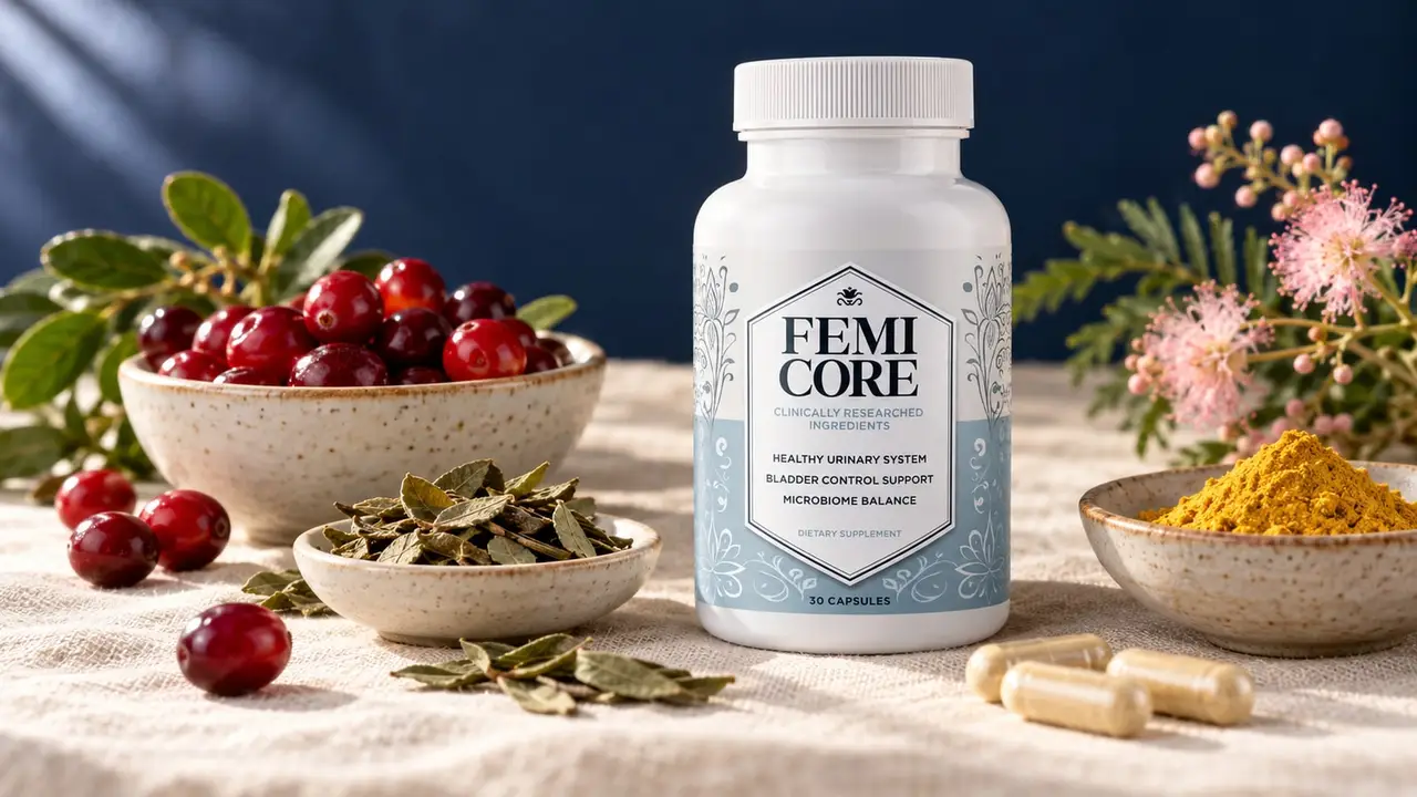 FemiCore ingredients list: FemiCore bottle on a cream linen cloth surrounded by small dishes of cranberries, bearberry leaves, yellow berberine powder, a mimosa flower and capsules