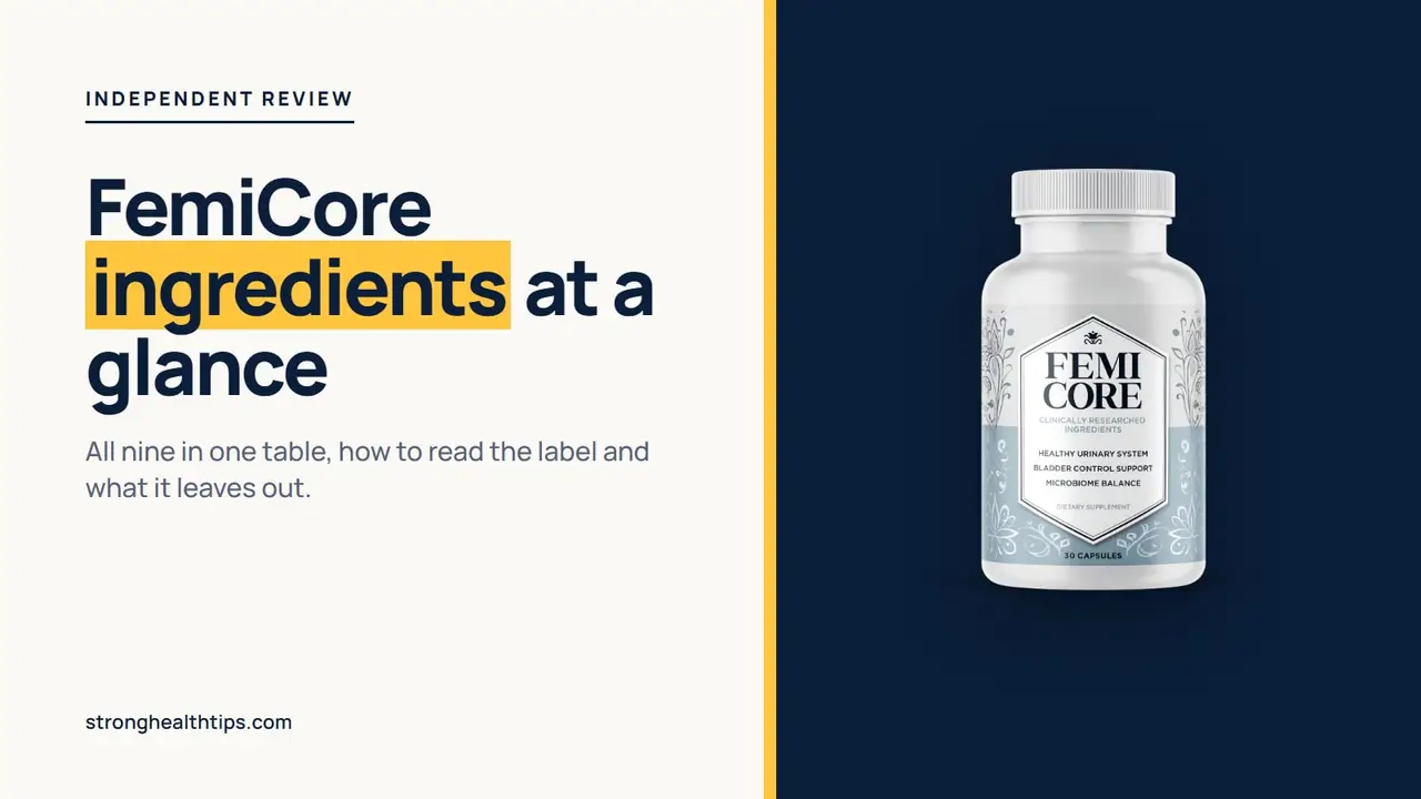 FemiCore ingredients at a glance: editorial cover with the headline on cream and the FemiCore bottle on a navy panel