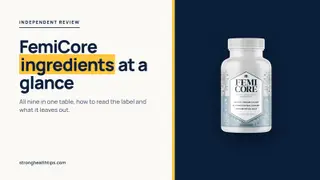FemiCore ingredients at a glance: editorial cover with the headline on cream and the FemiCore bottle on a navy panel