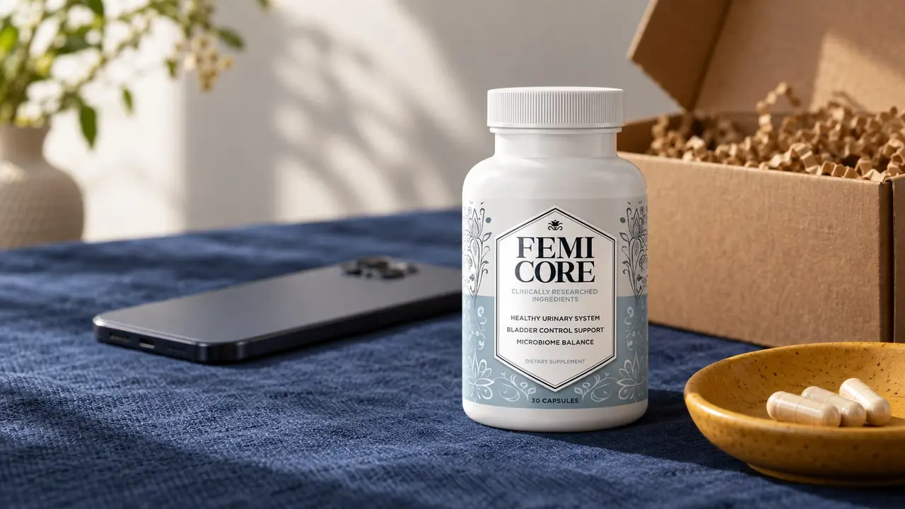 FemiCore official website order: genuine FemiCore bottle next to an opened shipping box on a navy linen surface