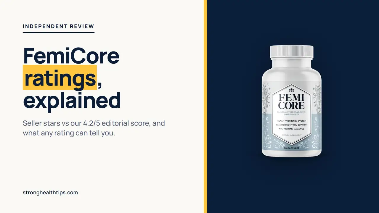 FemiCore ratings explained: editorial cover with the headline on cream and the FemiCore bottle on a navy panel