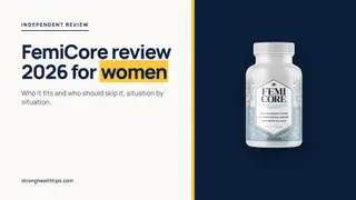 FemiCore review 2026 women: editorial cover with the headline on cream and the FemiCore bottle on a navy panel