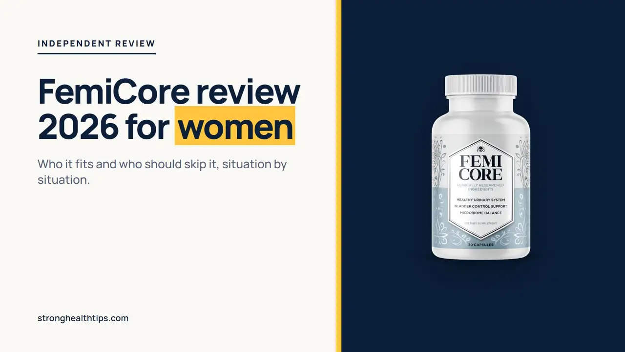 FemiCore review 2026 women: editorial cover with the headline on cream and the FemiCore bottle on a navy panel