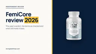 FemiCore review 2026: editorial cover with the headline on cream and the FemiCore bottle on a navy panel