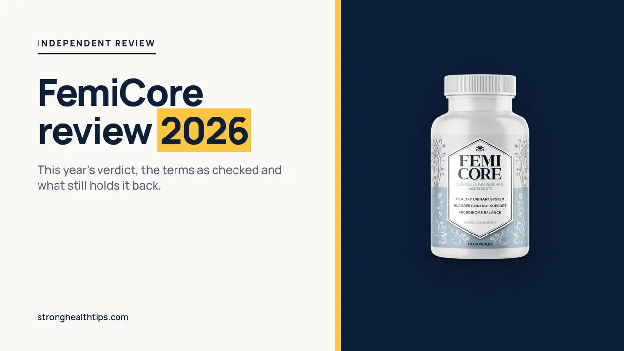 FemiCore review 2026: editorial cover with the headline on cream and the FemiCore bottle on a navy panel