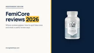 FemiCore reviews 2026 guide: editorial cover with the headline on cream and the FemiCore bottle on a navy panel