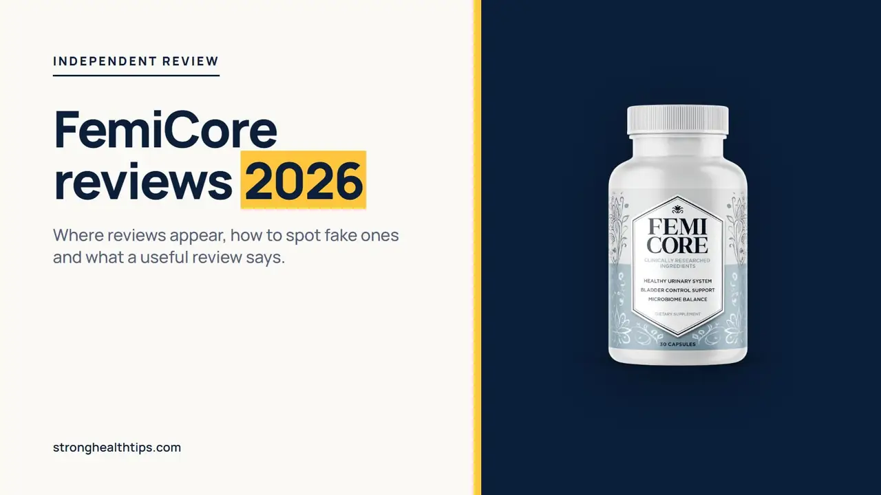 FemiCore reviews 2026 guide: editorial cover with the headline on cream and the FemiCore bottle on a navy panel