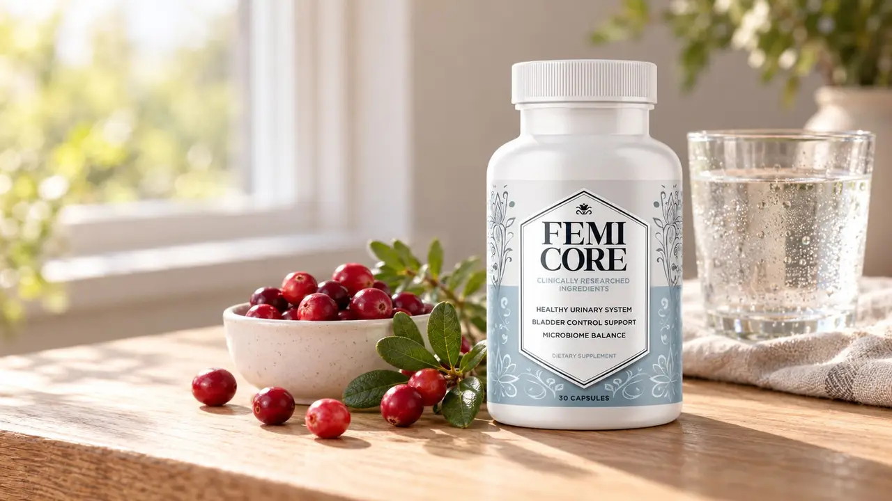 FemiCore reviews: FemiCore bladder control supplement bottle for women photographed on a wooden table with fresh cranberries