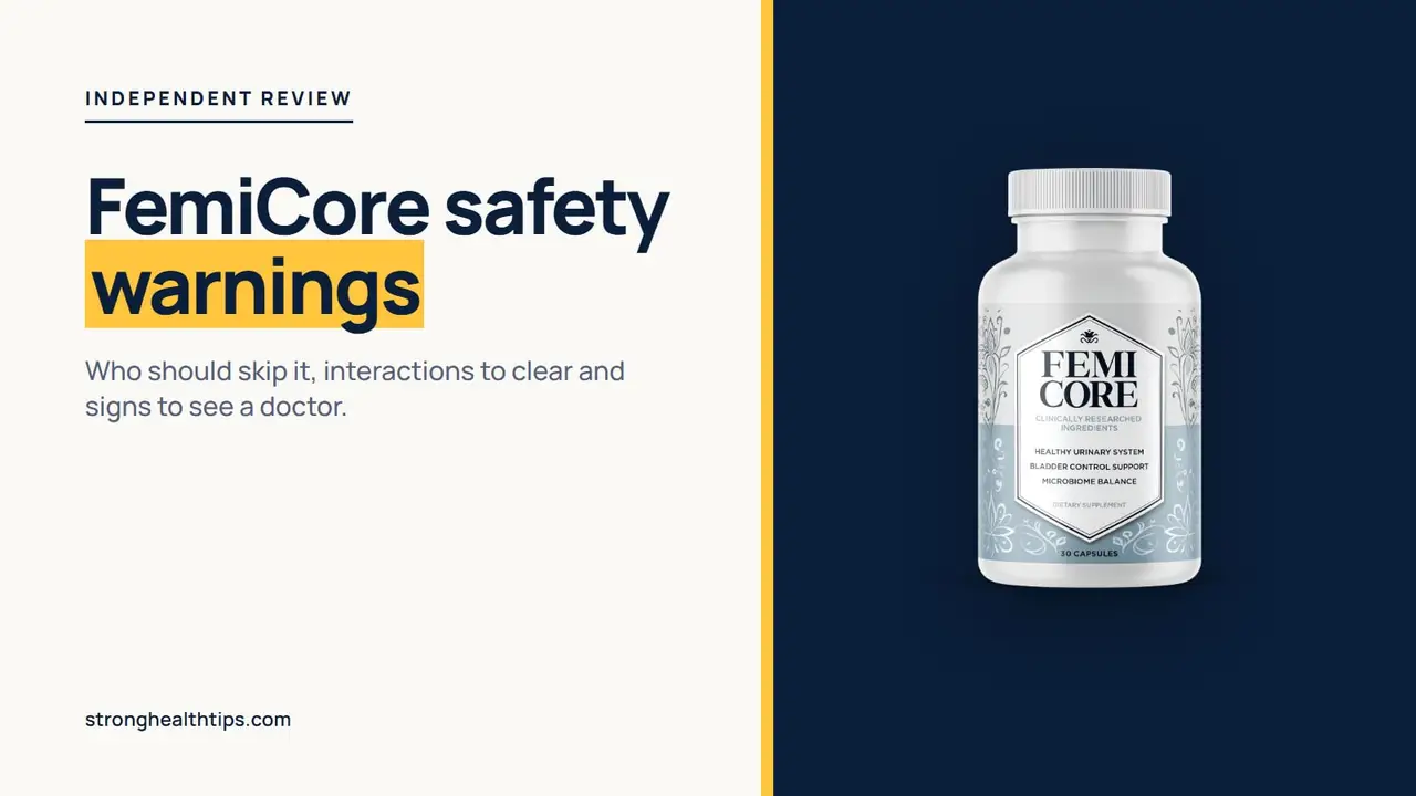FemiCore safety warnings card: editorial cover with the headline on cream and the FemiCore bottle on a navy panel