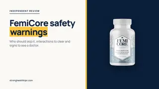 FemiCore safety warnings card: editorial cover with the headline on cream and the FemiCore bottle on a navy panel
