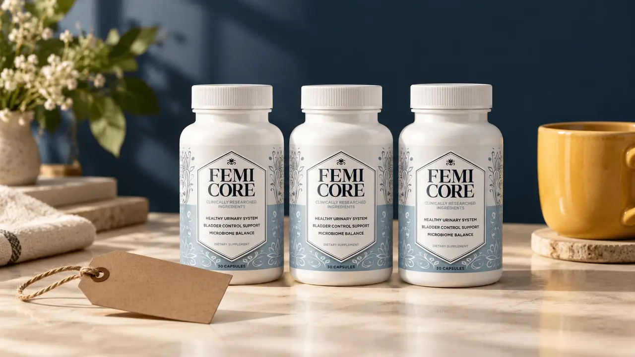 FemiCore sale: three FemiCore bladder supplement bottles with a blank price tag and a yellow coffee cup against a navy wall