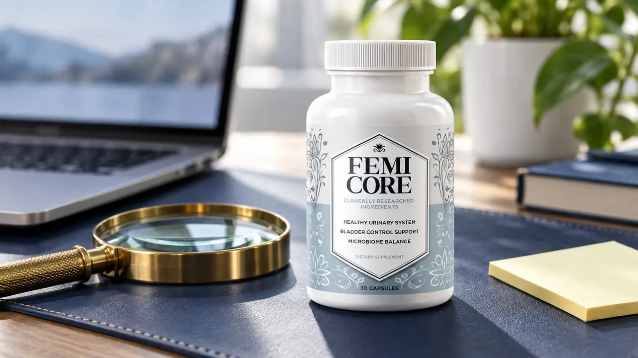 FemiCore scam check: genuine FemiCore bottle on a navy desk mat next to a brass magnifying glass, an open laptop and a blank yellow sticky note