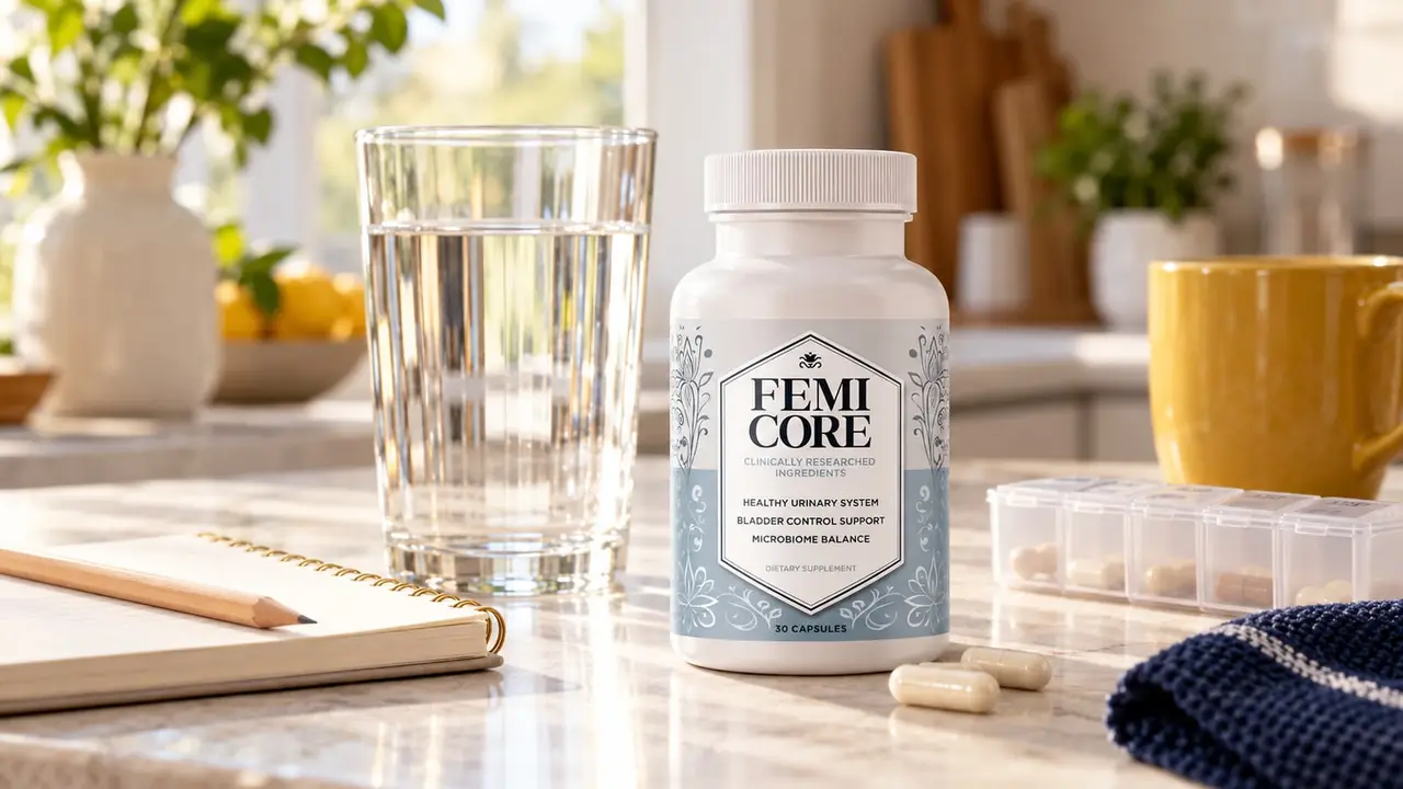 FemiCore side effects: FemiCore bottle on a kitchen counter next to a glass of water, a blank notebook with a pencil, a weekly pill organiser and a yellow mug